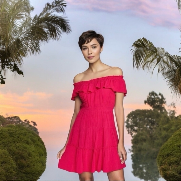 Women’s Dress TOMMY BAHAMA Off the Shoulder Ruffled Sleeves Red Linen Mini Dress - Picture 1 of 6